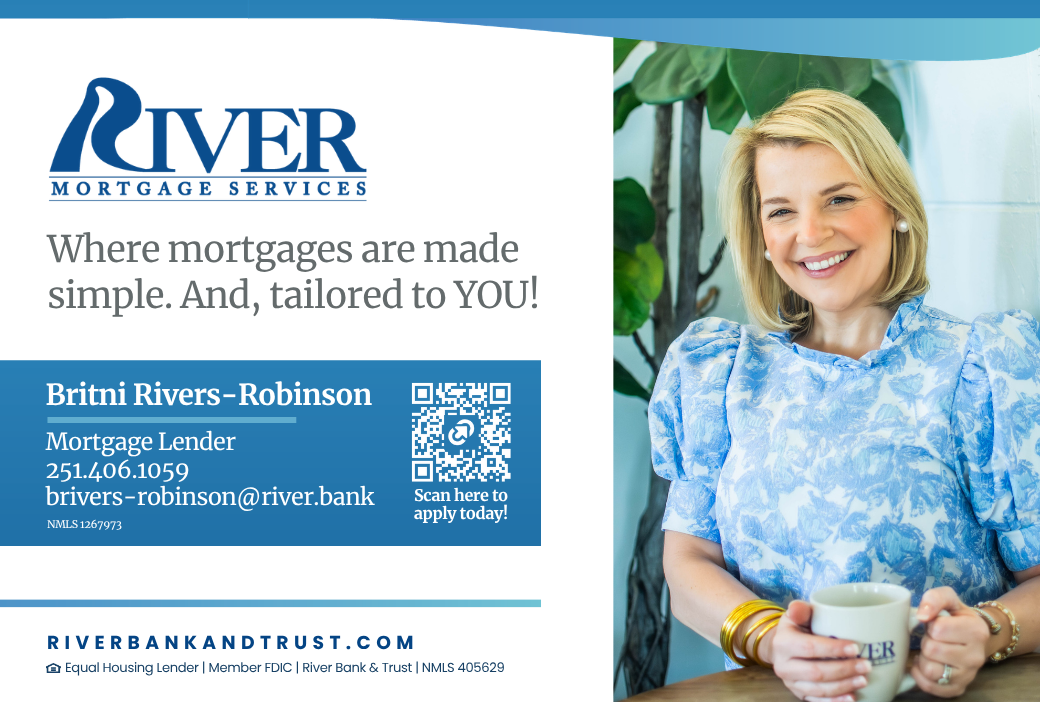 (52026)FINAL SPONSOR VIDEO (6) River Mortgage Services brochure with slogan and contact card; smiling woman in blue holding a mug on the right side.
